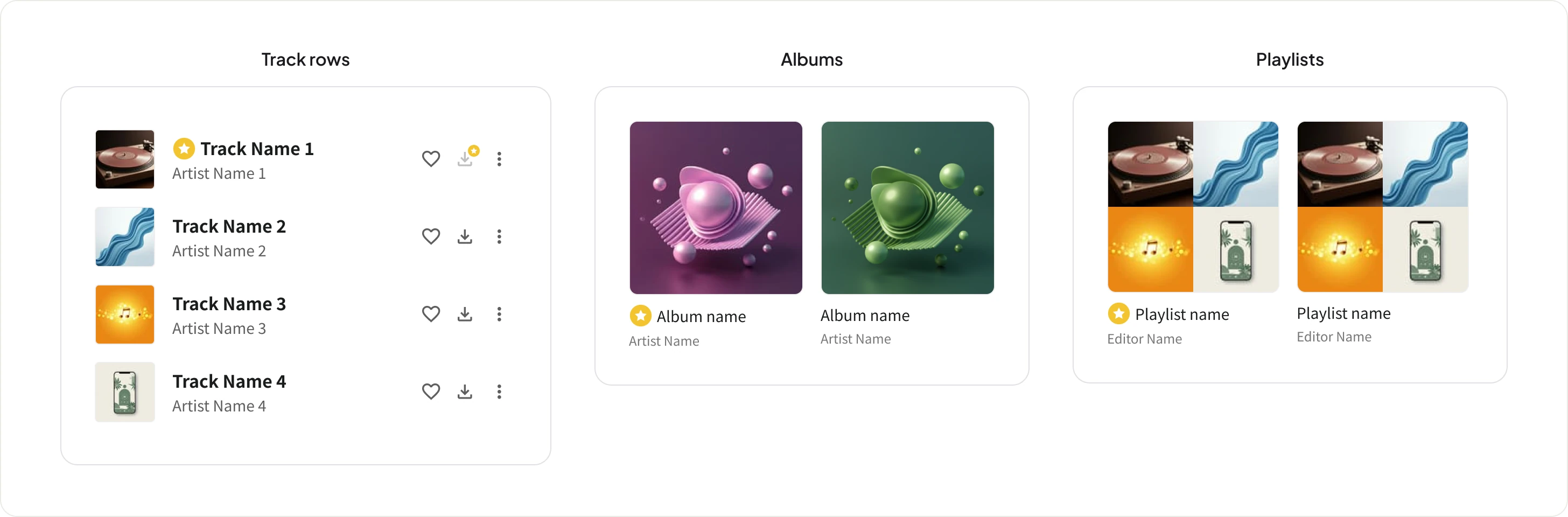 The Premium circle-star icon applied consistently across track rows, album tiles, and playlist rows in the Rakuten Music app