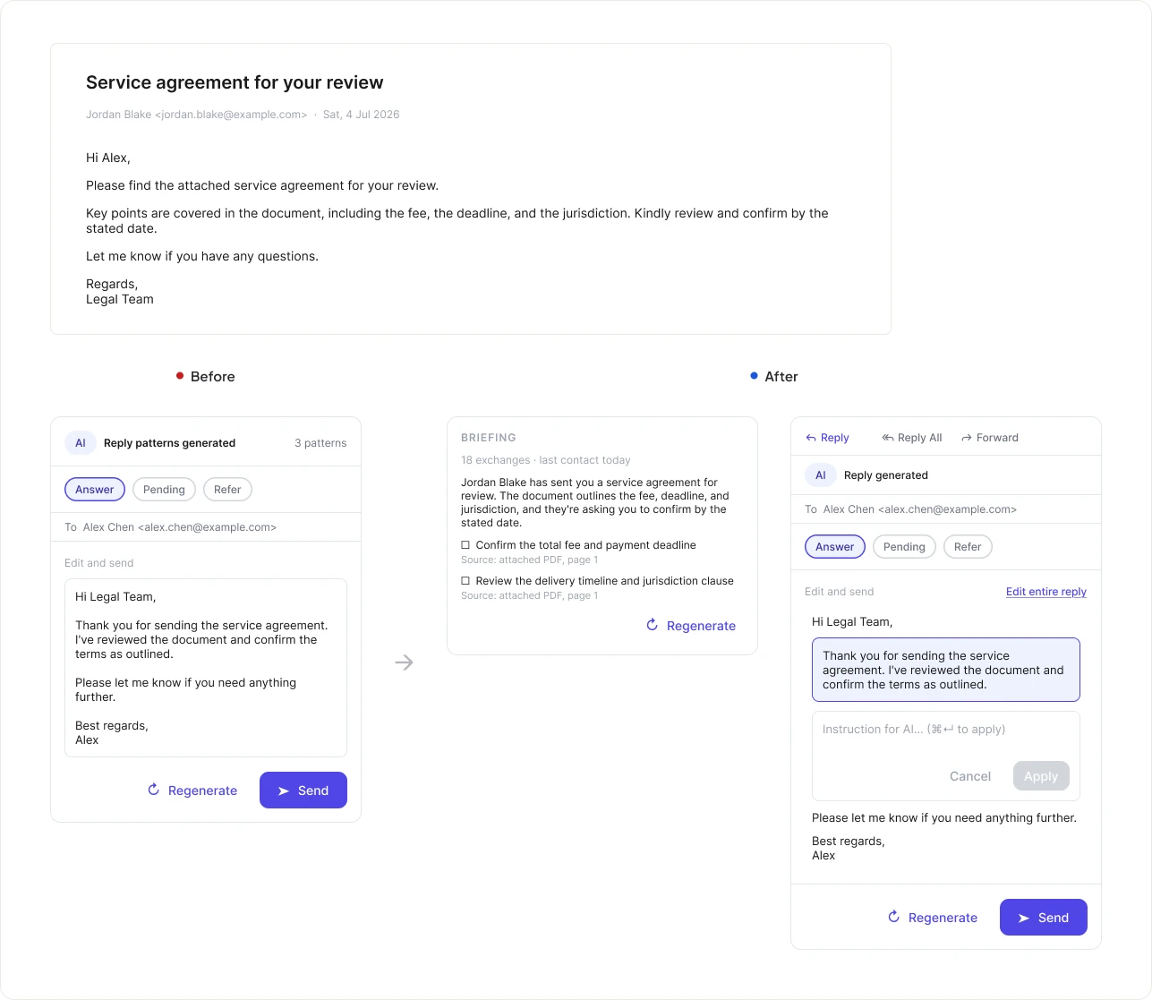 Before and after comparison of the MaiLLY reply panel, showing the shift to a single reply pattern with in-panel reply actions